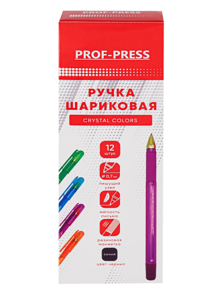5_Ручка шариковая с резиновым упором 0,7мм PROF-PRESS Crystal Colors СИНЯЯ, корпус ассорти