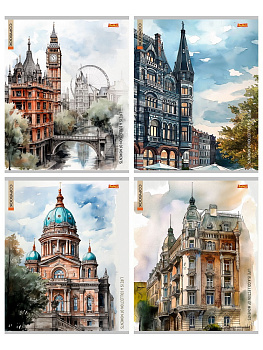 Тетрадь А5 96л линия, скоба REMIX Города в акварели, ассорти