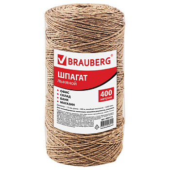 Шпагат льняной 400м BRAUBERG, 1250 текс, 3 нити, 0,5кг