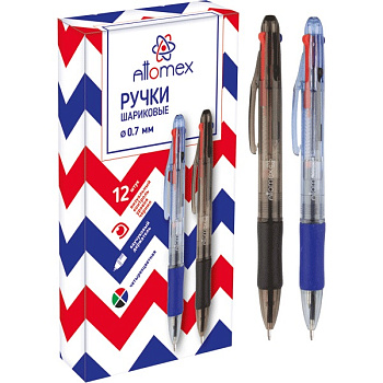 Ручка шариковая автоматическая 4-х ЦВЕТНАЯ с резиновым упором 0,7мм ATTOMEX, ассорти