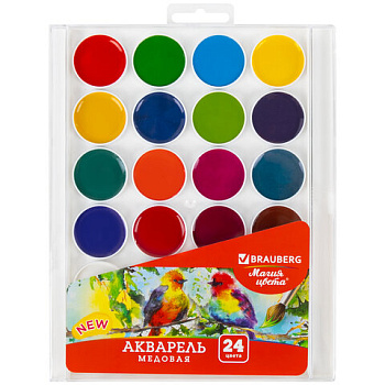 Акварель медовая 24 цвета BRAUBERG Магия цвета New, без кисти, пластиковый пенал