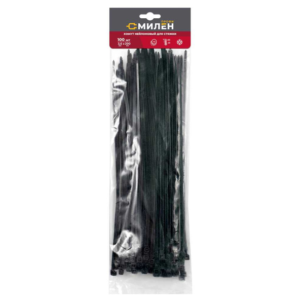 Хомуты (стяжки) нейлоновые, 3,6_200мм черные, 100шт МИЛЕН