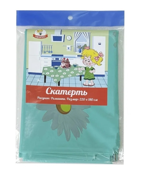 4_Скатерть полиэтиленовая 180_220, зеленая в ромашку УМНИЧКА