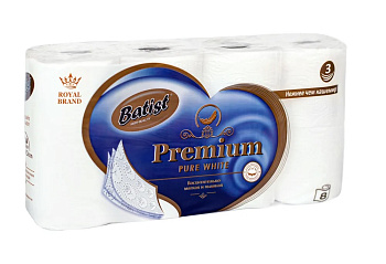 Туалетная бумага на втулке Batist Premium 3-х слойная, 8шт*19,5м белая