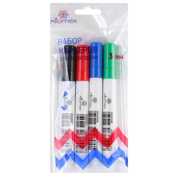 Набор маркеров для доски ATTOMEX 3мм, 4шт (черный, красный, синий, зеленый)